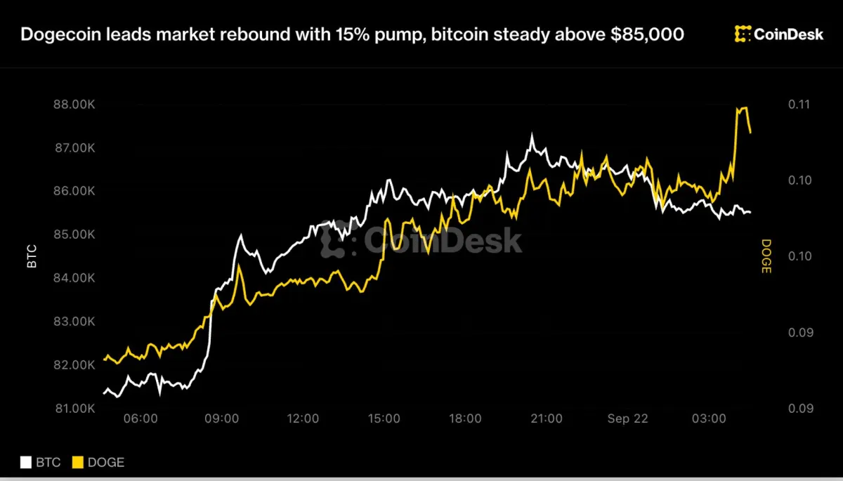 Dogecoin tăng 15% dẫn đầu, Bitcoin ổn định trên $85k